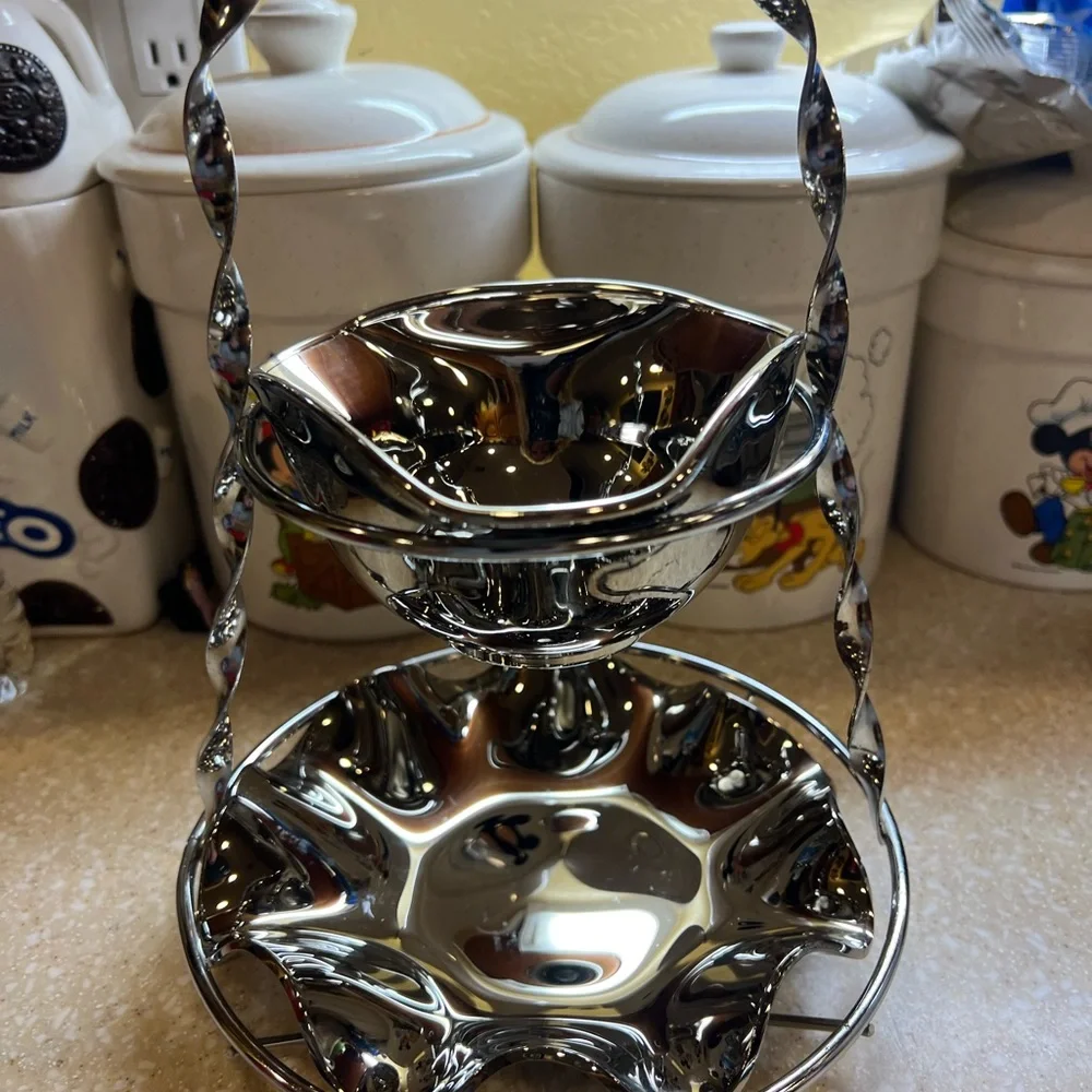 Vintage Sliver Toned Glass 2 Tier Dessert Candy Dish 10.5 Tall Non Tarnish